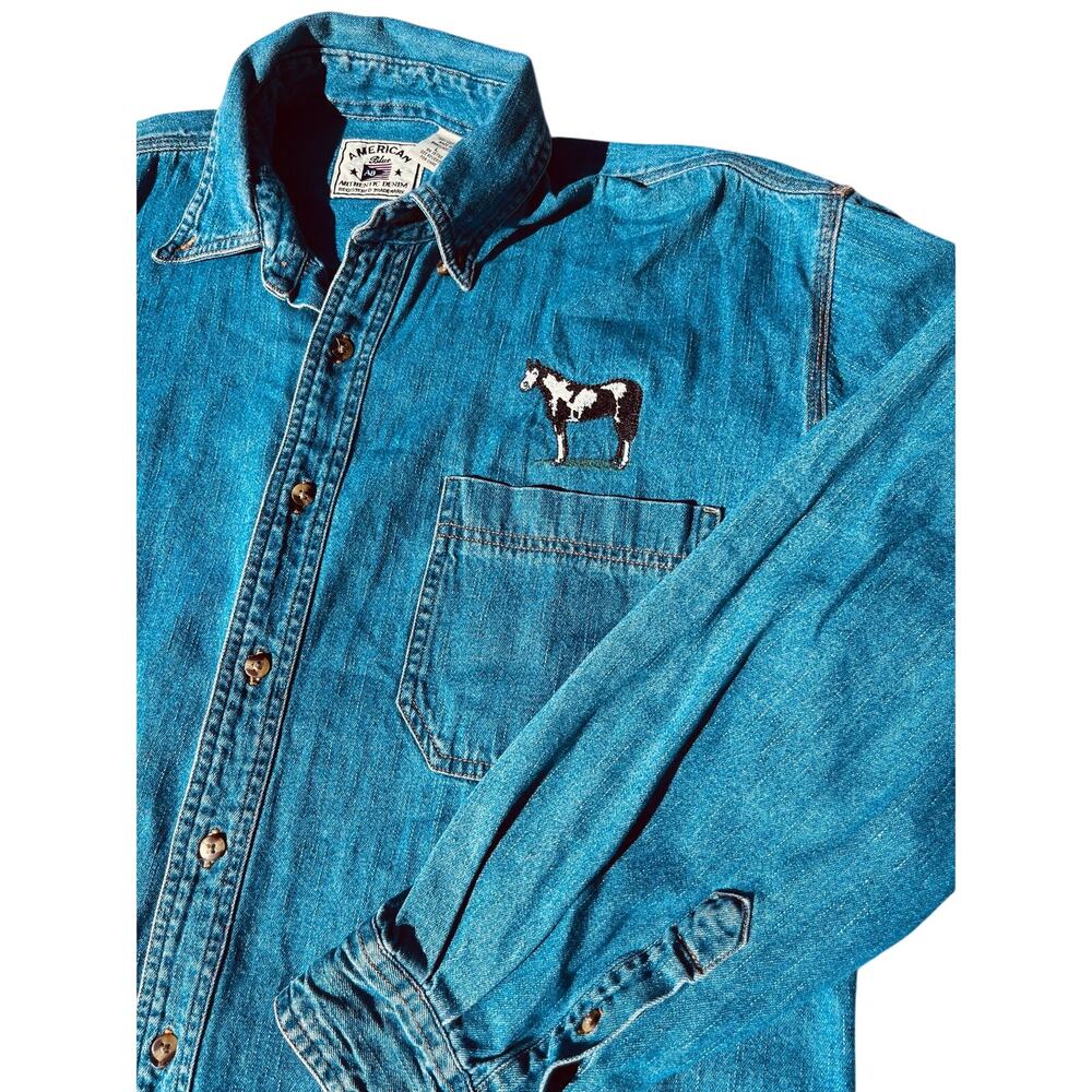 Vintage 90s Horse Embroidered Denim Shirt Equestrian Cowgirl Cowboy Western Boho